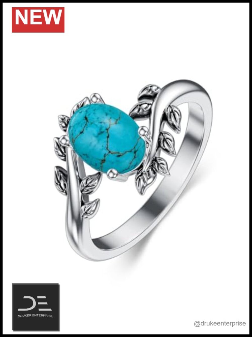 Genuine Turquoise Ring 925 Sterling Silver Oval Leaf Design Bohemian Women's